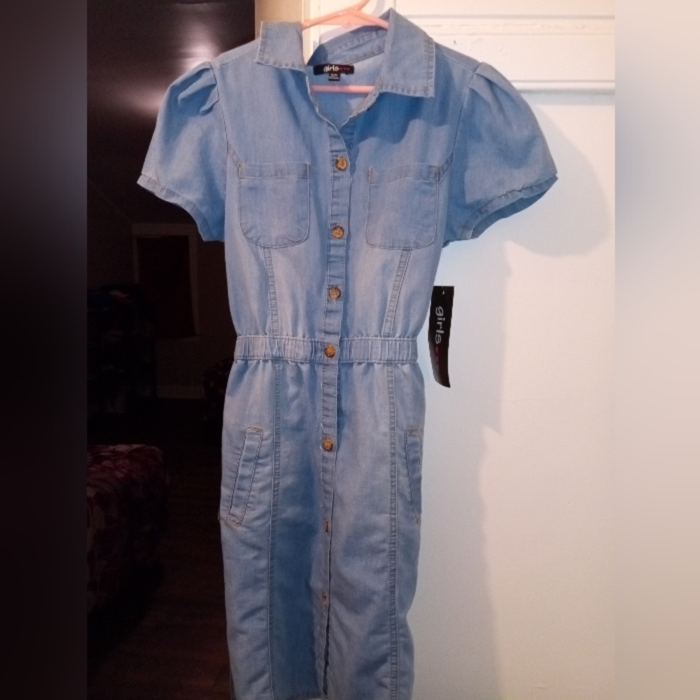 Girls blue jean one piece skirt size 10/12 with waist tie